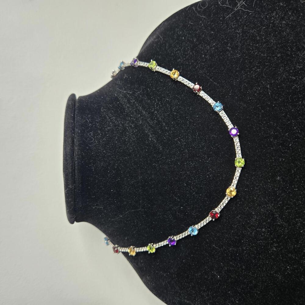 Multi Rhinestone CZ Bar Link Sterling Silver Necklace Statement